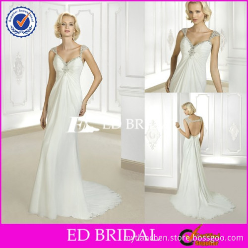 CE454 Cap Sleeve Floor Length Sexy Open Back Beaded White Chiffon Wedding Dresses Pictures